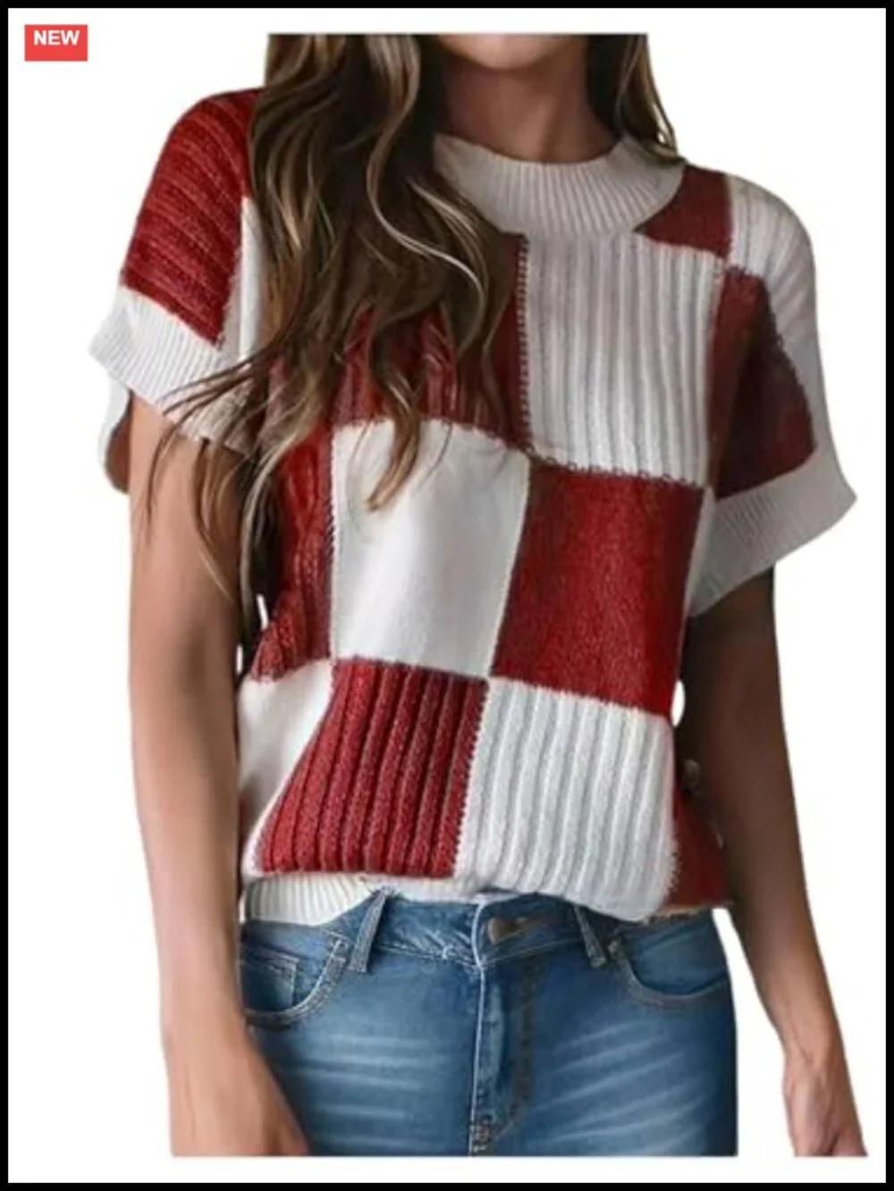 Women's Acrylic Color Block Knit Pullover Sweater Short Sleeve Cap Sleeve